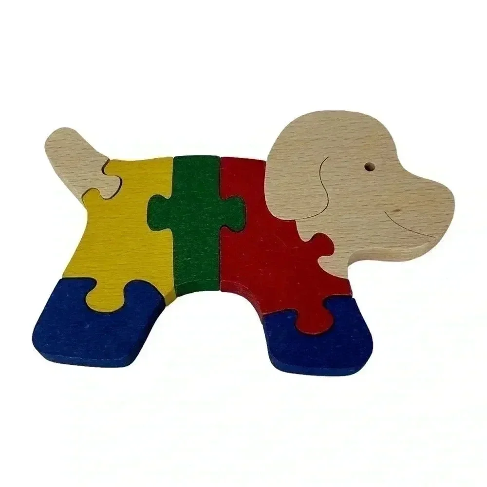 COLORFUL DOG WOODEN PUZZLE HANDMADE HAND-PAINTED TODDLER LEARNING TOY NON-TOXIC